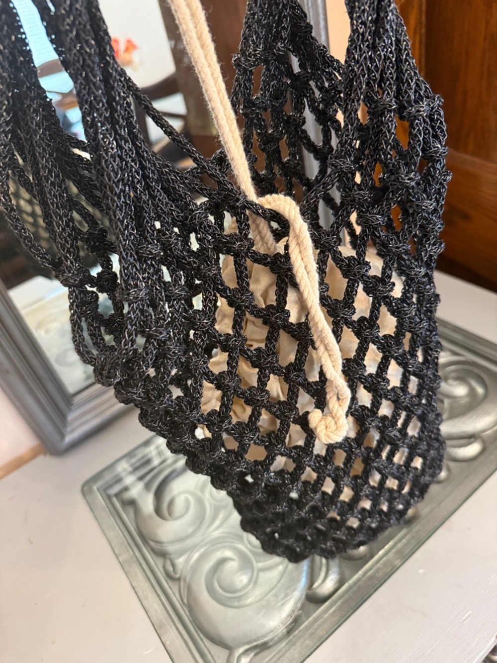 Mango Black Crochet Net Tote with Cream Drawstring